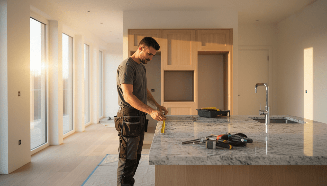 Project Cart'ier tradesperson inspecting a newly renovated kitchen countertop in Memphis home