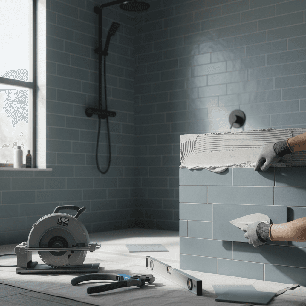 Professional bathroom tile installation with precision alignment
