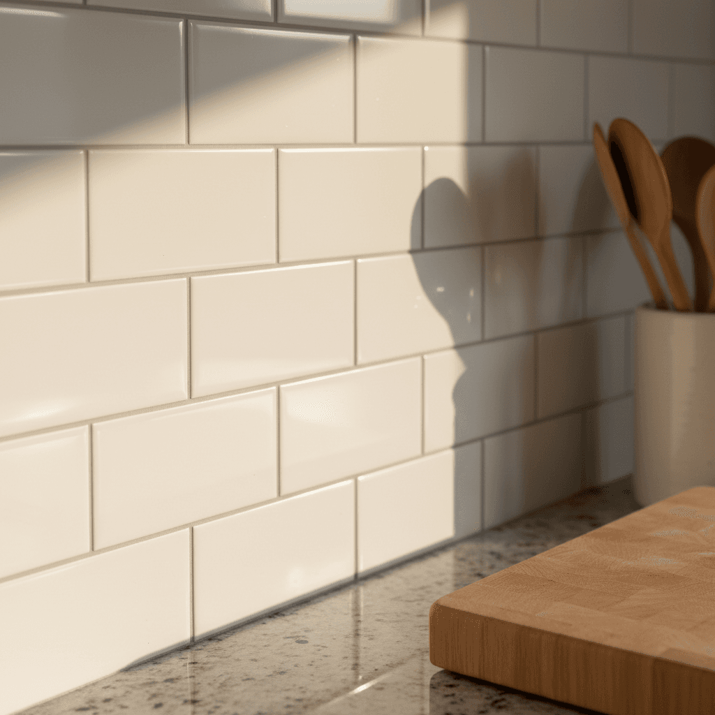 Close-up of newly installed kitchen tile backsplash in renovation project