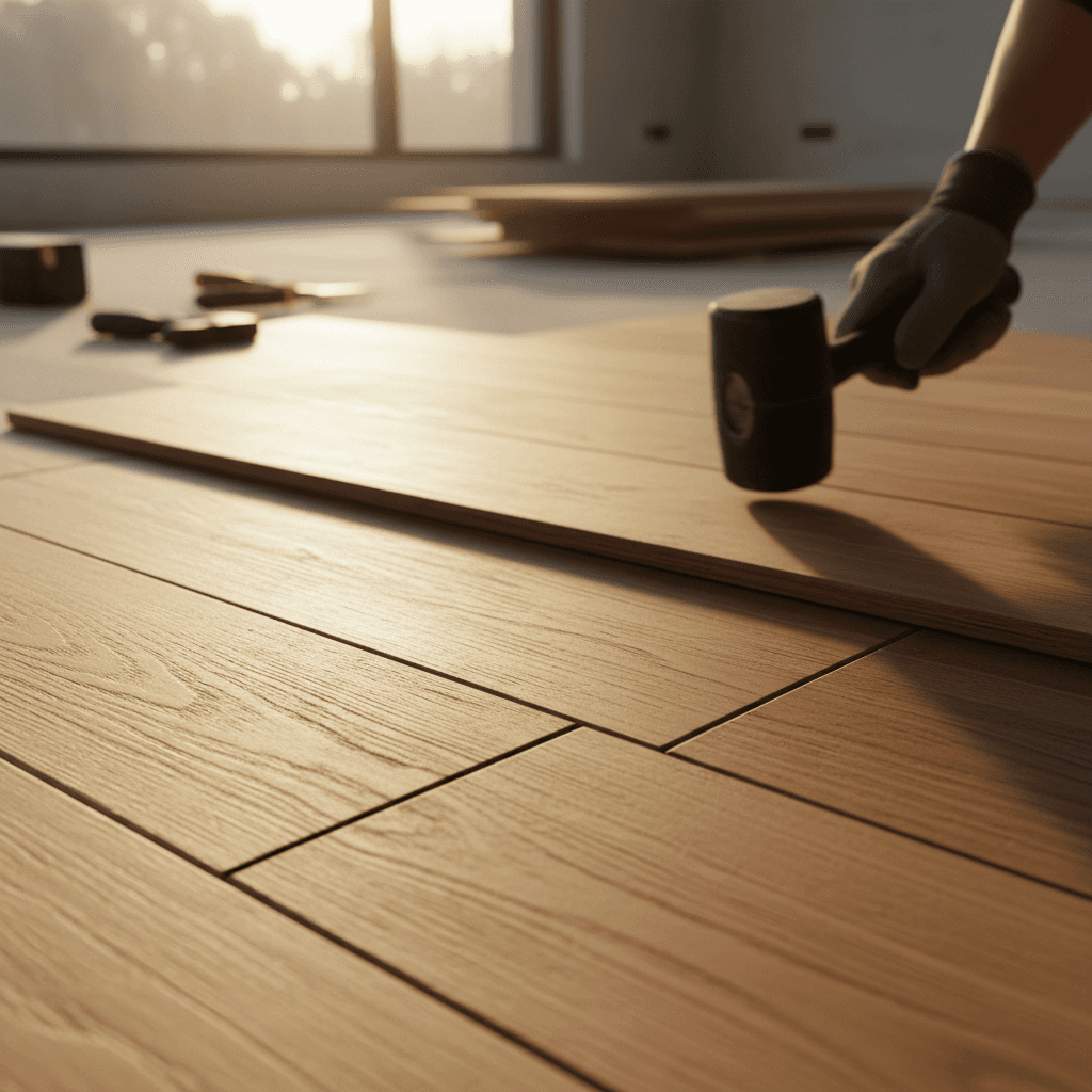 Hardwood flooring installation detail showing wood grain and finish quality