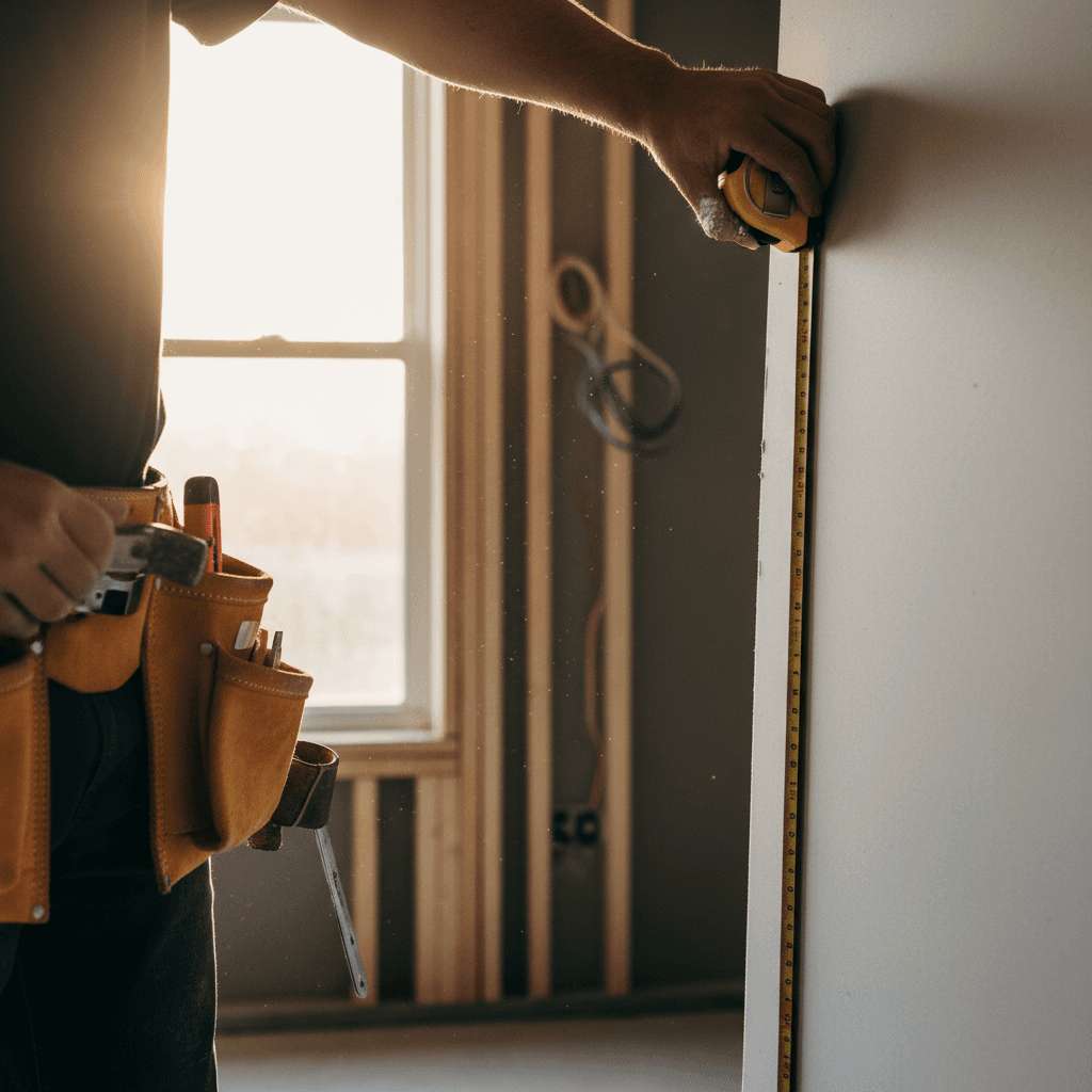 Professional home improvement contractor measuring and planning a residential renovation project