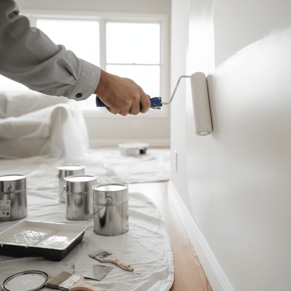 Professional painter applying interior paint to residential wall