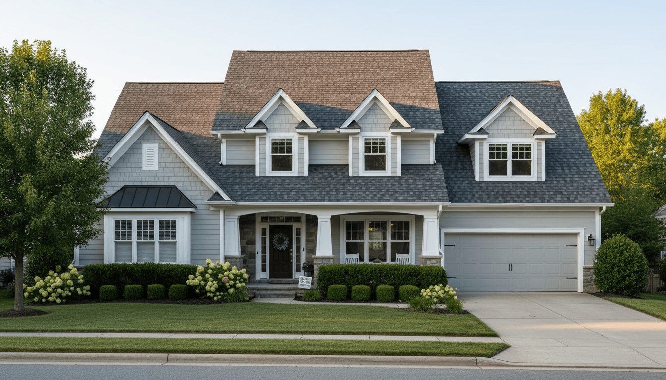 Exterior home renovation showing new roofing and siding