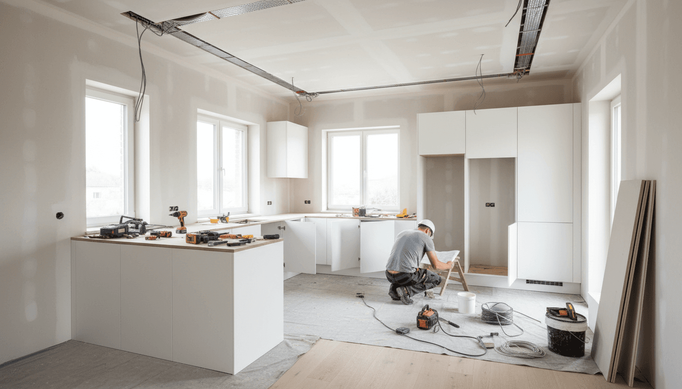 Kitchen renovation in progress showing before and after transformation